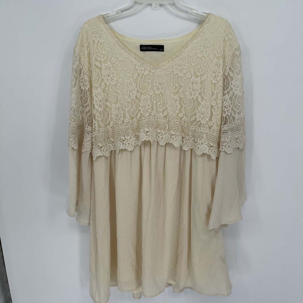 Zanzea Women's Cream Lace Crochet Long Sleeve Babydoll Blouse XXL